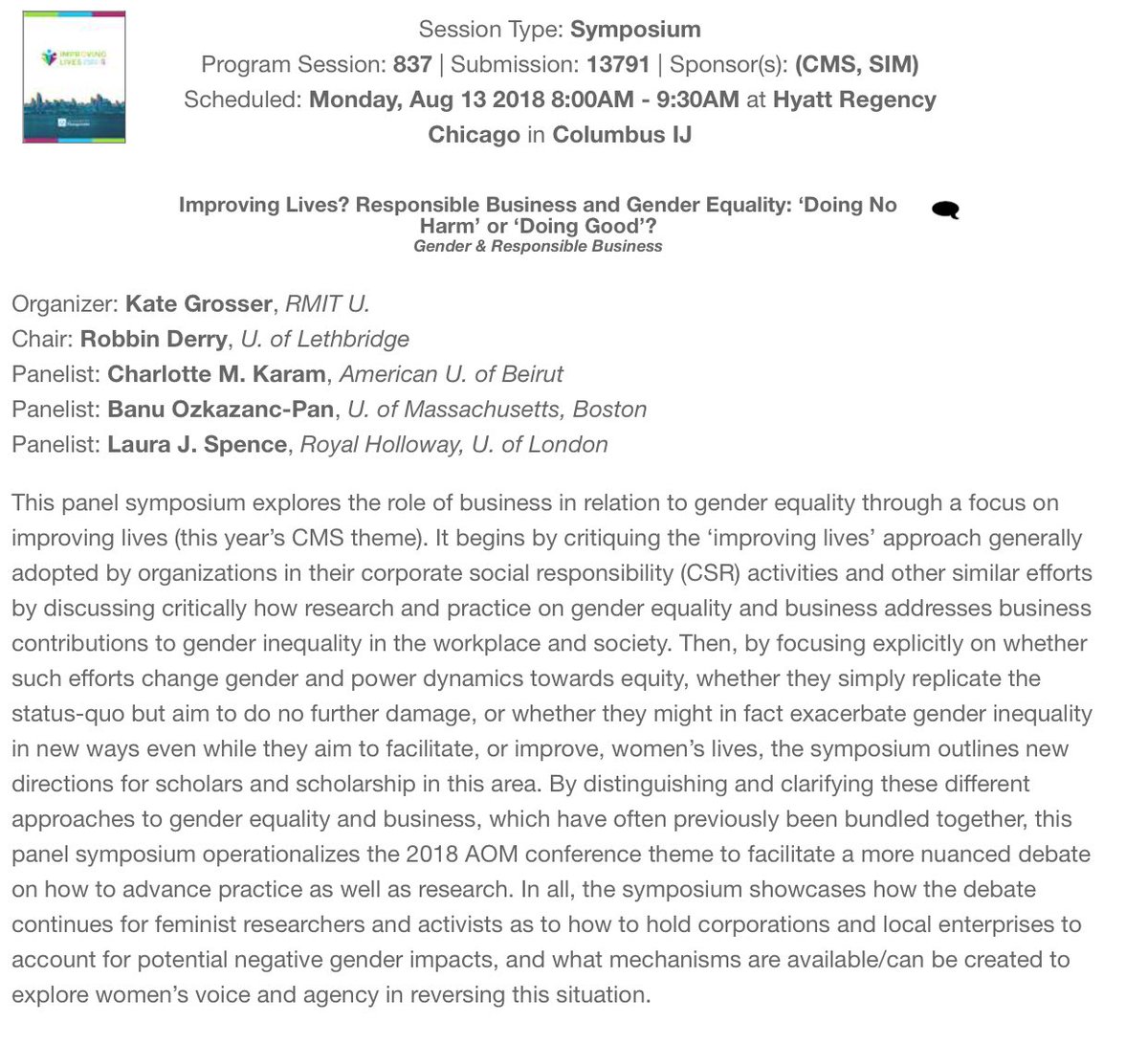 Ckaram12's tweet photo. Come join us tomorrow at 8am! Excited to speak with this fantastic panel of scholars about: Gender Equality and Responsible Business: ‘Doing No Harm’ or ‘Doing Good’?
@AOM2018 @JBusinessEthics @AUBOSB @Prof_LSpence @KateGrosser @banupan @genderCSR #OSBtransforms https://t.co/OM9vX6rAUu