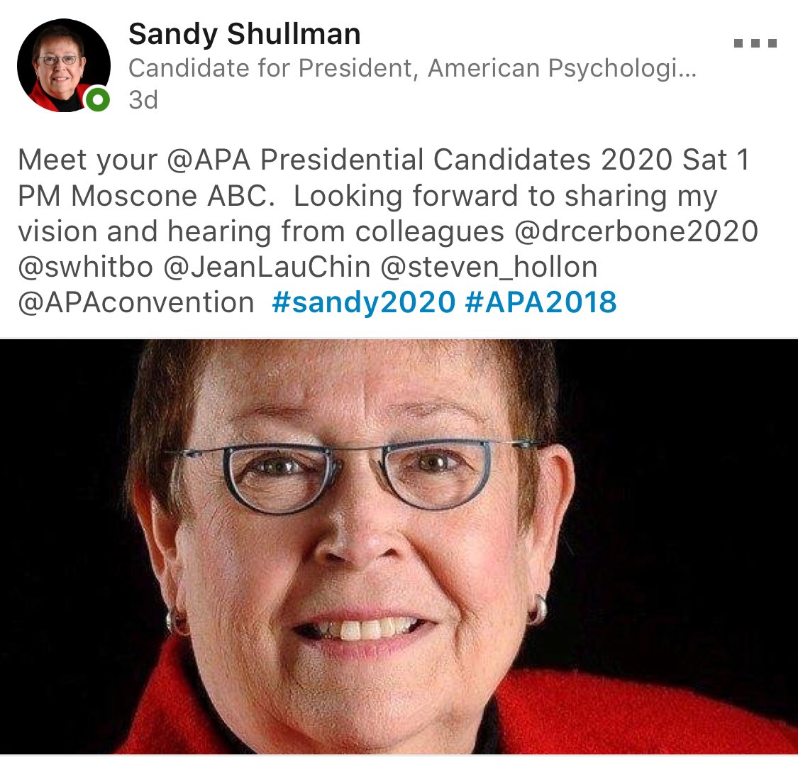 DrBFPalmer's tweet photo. Sandy is a great supporter Counseling Psychology, and of building spaces that help to nurture the growth of Early Career Psychologists! She’s got my vote! #apa2018 #div17 #sandy2020 https://t.co/p3c3jwAlij