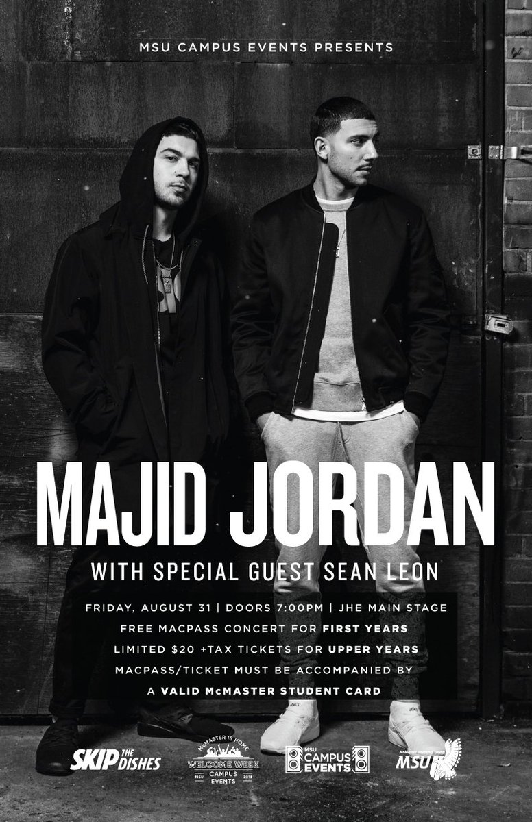 msucampusevents's tweet photo. We are happy to announce that @majidjordan will be our #WW2018 concert headliners! 😁

Please Note: 
•Limited Upper Year tickets will be available for purchase beginning at 8pm this evening.
•This concert is free for all MacPass holders.

Link in bio for tix!

#McSU #McMasterU https://t.co/uHiAwii9PG