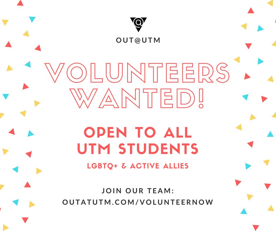 Hey folks - we're currently looking for volunteers to join the OUT@UTM team! It's going to be an amazing year - build community, engage in activism, and have fun with us! 🏳️‍🌈
Find out more at outatutm.com/volunteernow 🌈