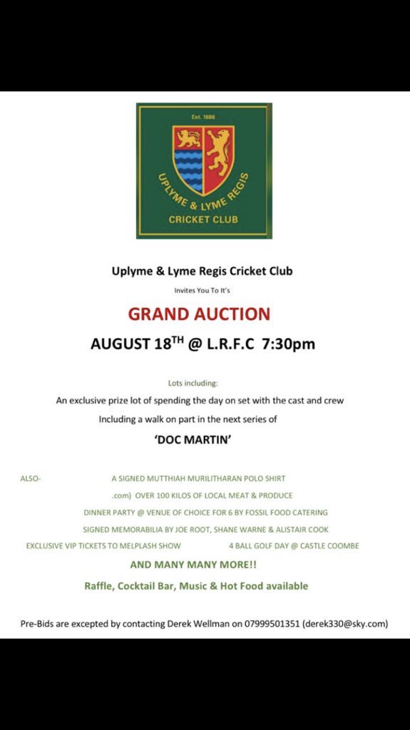 Uplyme & Lyme Regis CC (@uplymelregiscc) on Twitter photo Some great lots for this Saturdays Grand Auction!! Please spread the word to help save the club! <a href="/MartinClunesTV/">Martin Clunes OBE</a> <a href="/DevonCricket/">Devon Cricket Foundation</a> <a href="/BumbleCricket/">David 'Bumble' Lloyd</a> <a href="/BeefyBotham/">BeefyBotham</a> Some great lots for this Saturdays Grand Auction!! Please spread the word to help save the club! <a href="/MartinClunesTV/">Martin Clunes OBE</a> <a href="/DevonCricket/">Devon Cricket Foundation</a> <a href="/BumbleCricket/">David 'Bumble' Lloyd</a> <a href="/BeefyBotham/">BeefyBotham</a>