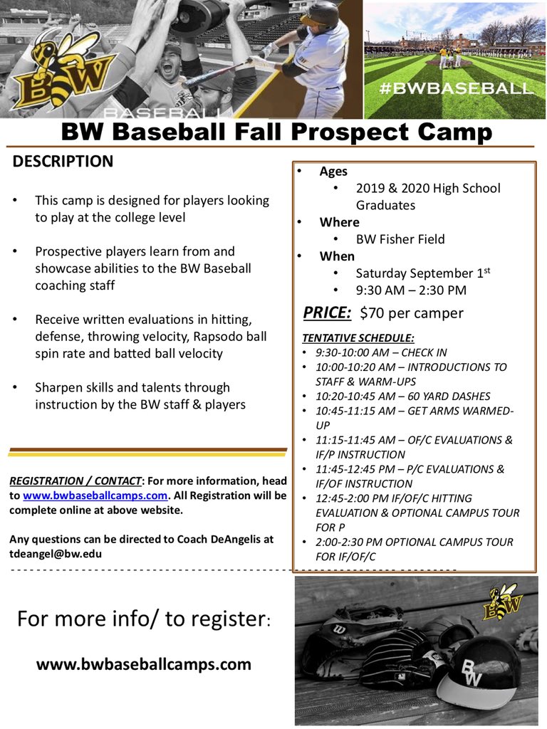 BWUBaseball's tweet photo. If you’re a 2019/2020 graduate looking to play at the collegiate level, register for our Fall Prospect Camp today! 

MORE INFO: 
https://t.co/g7YOCi3zp8

#BWbaseball #d3b https://t.co/uw48JAWBy7