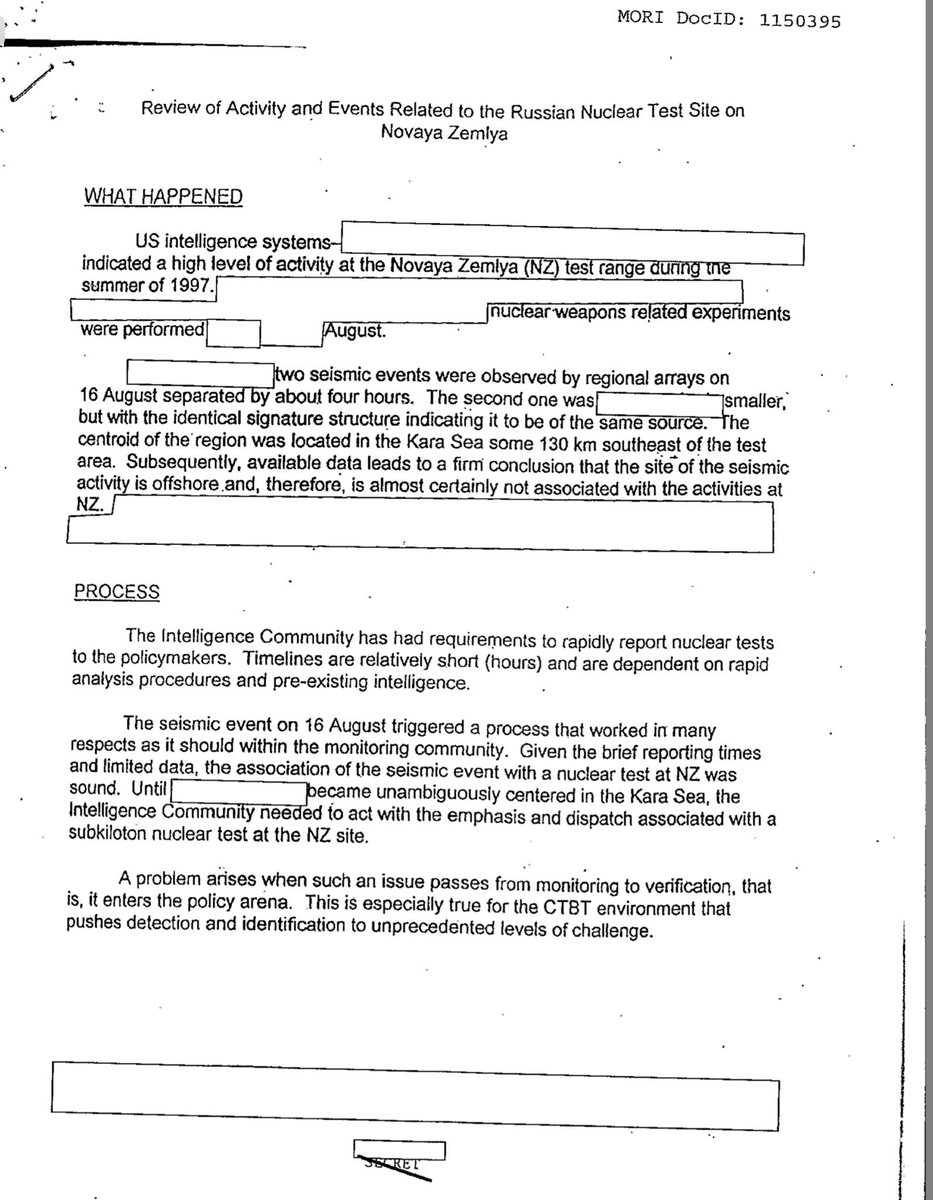 US intelligence on Russian and Chinese Nuclear Testing activities 1990-2000.
Some concerns arose and a special panel established to determine if they were testing nukes during CTBT early years. They apparently were not testing nukes.
Interesting reads!
nsarchive2.gwu.edu/NSAEBB/NSAEBB2…