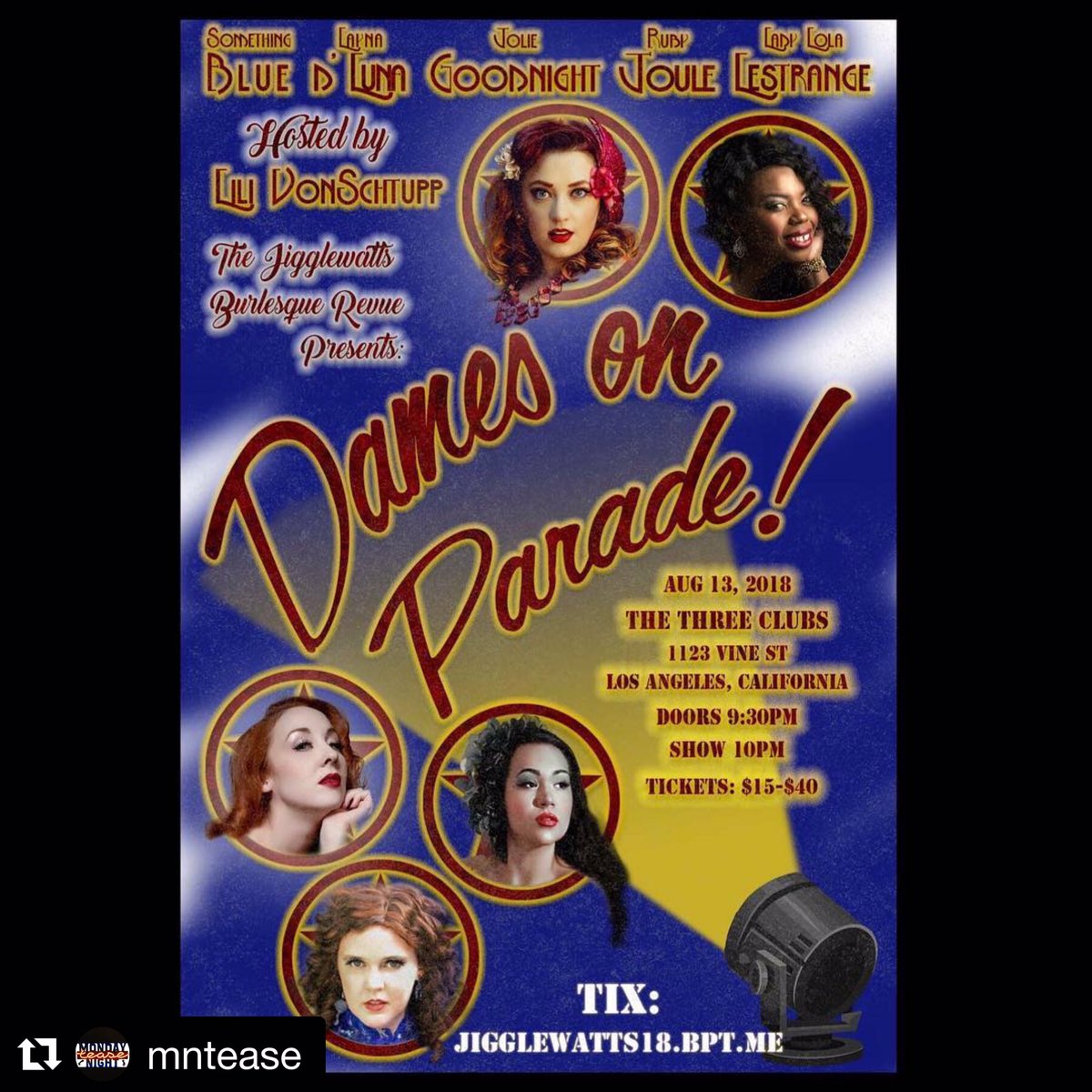 Monday! Tomorrow! One night only <a href="/threeclubs/">three clubs</a> we're back with the <a href="/Jigglewatts/">JigglewattsBurlesque</a> jigglewatts17.bpt.me #burlesque #jugglewatts #travelingshowgirls #buyaticket