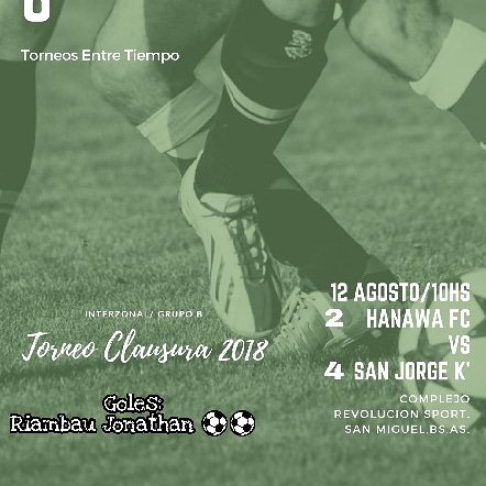 HanawaFC's tweet photo. UN PARTIDO COMPLICADO

La fecha #Interzonal no fue buena para #ElVerde que cayo 4-2 frente a #SanJorgeK !!

El finde que viene, es posible que se recupere la #Fecha1 que no se jugo, previo a los #PlayOFF !!

#Goles:
Jonathan Riambau ⚽⚽ https://t.co/Jwux9tBfcq