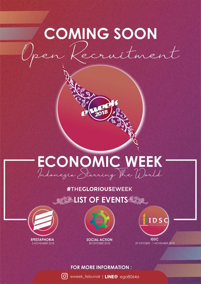[ CALLING ALL 2018 STUDENT ]

We're holding on open recruitment for staff. We dare you to be the part of The Glorious E-WEEK.

For more info please follow our instagram and kindly check our Official Account
Instagram : <a href="/eweek_febunair/">E-WEEK FEB UNAIR</a>
Line@ : <a href="/eweekunair/">E-Week FEB UNAIR</a>

#EconomicWeek2018
