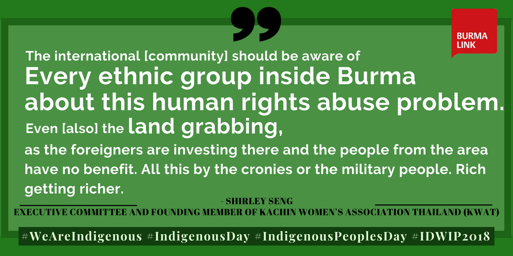 BurmaLink's tweet photo. Marking #IndigenousDay Aug 9, @BurmaLink promotes voices from #Burma’s ethnic nationalities. Today's voice from archives - Shirley Seng, an executive committee and founding member of #Kachin Women’s Association Thailand (KWAT) : https://t.co/rlRYfXHnST #WeAreIndigenous #IDWIP2018 https://t.co/Z5Yv4wT7Kt