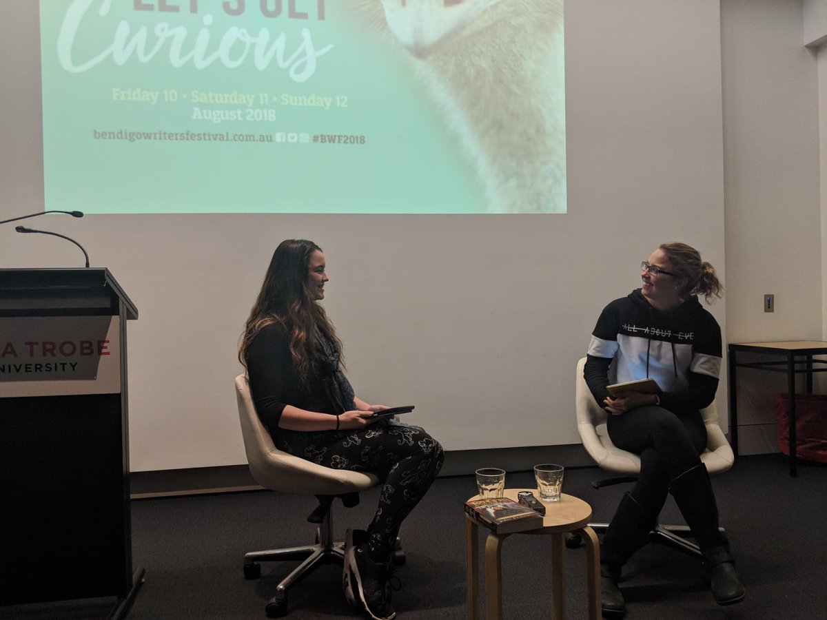 WIAfestivals's tweet photo. But wait - it's not over yet. Writers in Action students Annie Byrne and Imogen van der Meer curiously exchanging literary experiences in a panel of our own @LaTrobe_AI @bgowritersfest @latrobe https://t.co/sEzduzy1tE