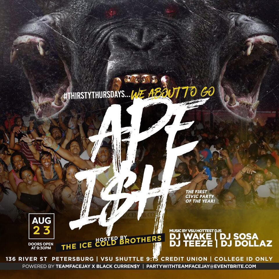 Tier2x's tweet photo. Ooo! We back at it with a bangaaaaa ‼️ VSU y’all ready to go Ape Sh*t 👀🤔 08/23 is the Welcome Back Civic tics go on sale this week! shuttle to the civic included! @teamfacejay #vsu #vsu22 #vsu21 #vsu20 #vsu19 #CivicGoneApeShit #welcomebackcivic #teamfacejay https://t.co/VYmADSxxct