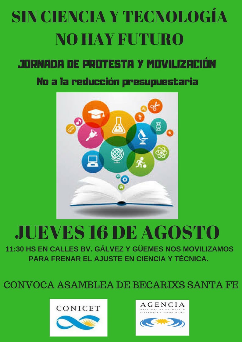 Jueves 16 de agosto a las 11:30 en Güemes y Bv
#contraelajuste en #cienciaytecnica #movilizacion #becarixs #sinbecariosnohayciencia #investigarestrabajar #conicet #agencia