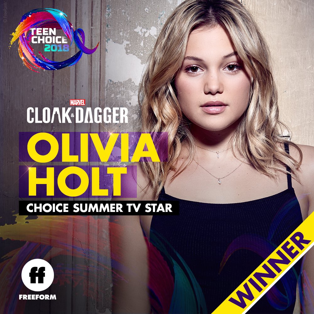 Insanely proud of our Dagger. @Olivia_Holt takes home the #TeenChoice surfboard for #ChoiceSummerTVStar. Join us in wishing Liv congratulations below. #CloakAndDagger