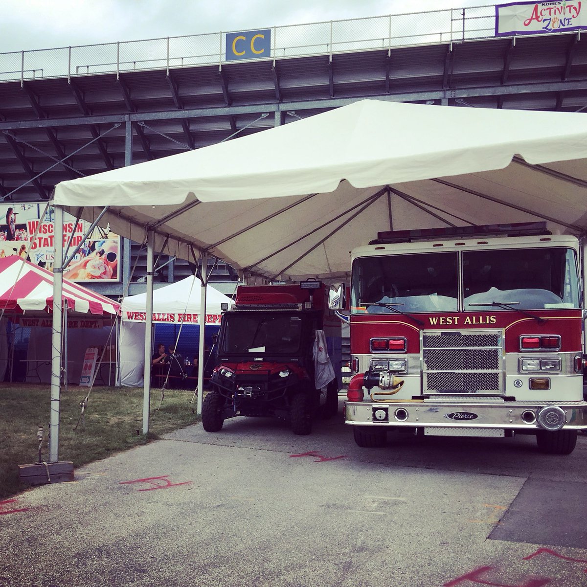 PFFW's tweet photo. Great job by West Allis Fire Fighters and Paramedics keeping everyone safe at the State Fair! And great efforts to teach hands only CPR to the public! Thank you. #Wisconsin https://t.co/Vs1MEymur0