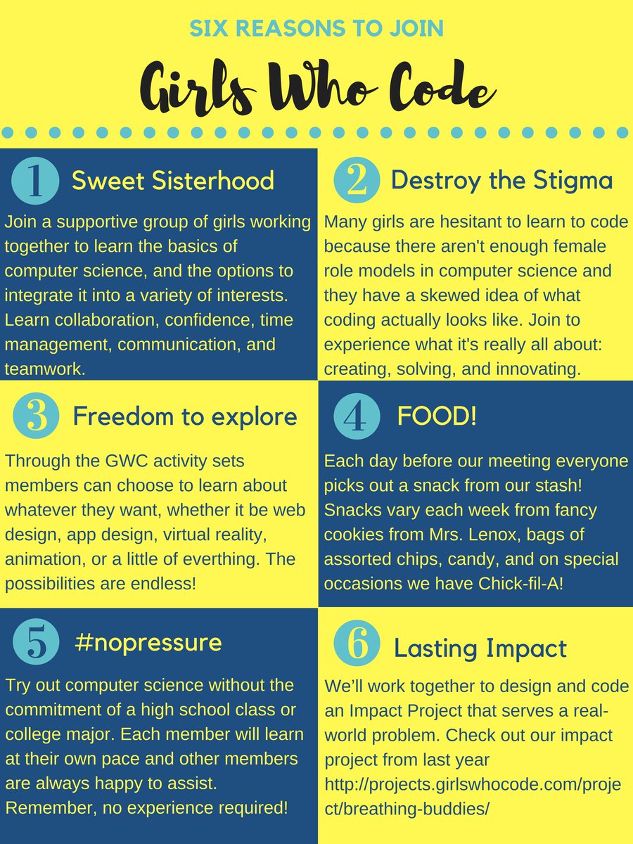 wshsGWC's tweet photo. Six reasons to join Girls Who Code for its second year at Woodbridge Senior High School! Info to join coming soon! https://t.co/oNeEBOLFRB