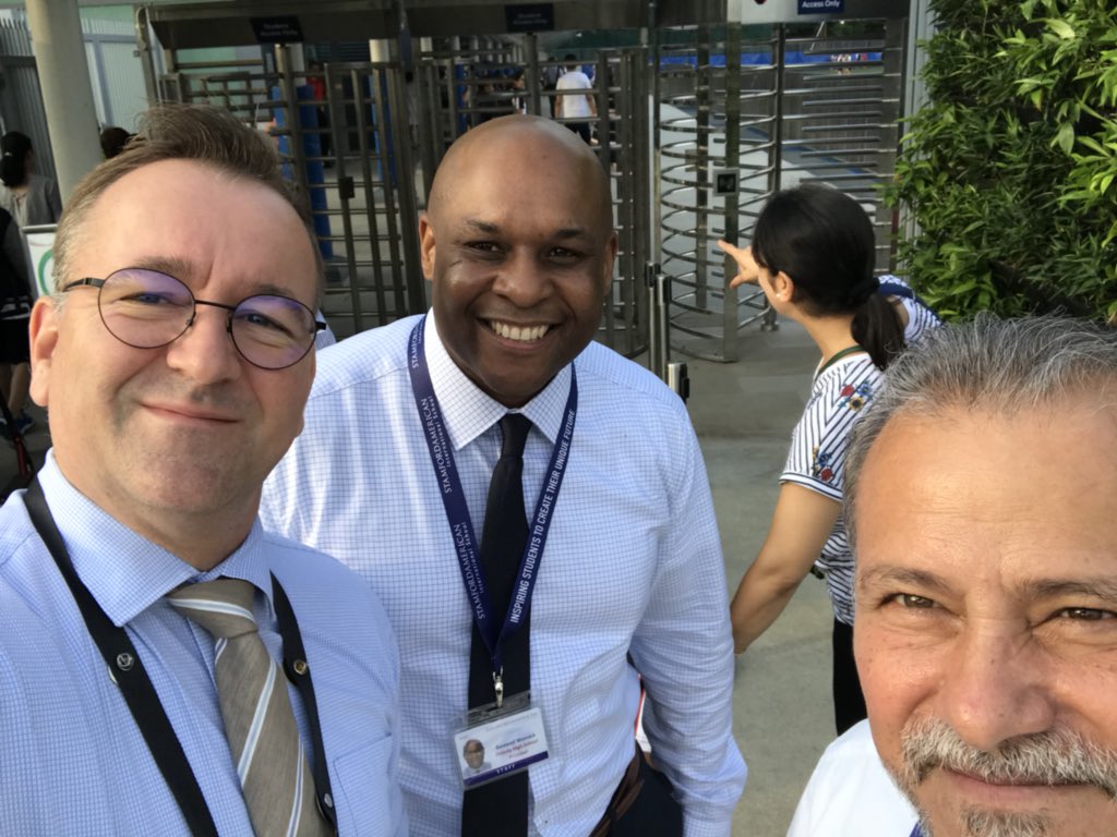 dutchpatch's tweet photo. Back to school and with the new team members Ocki Fernandes and Avreeayl Womack- O’Neil at the gate. Great first day for Stamford American!  #SAISrocks #CognitaWay https://t.co/mwuJwA8MKJ