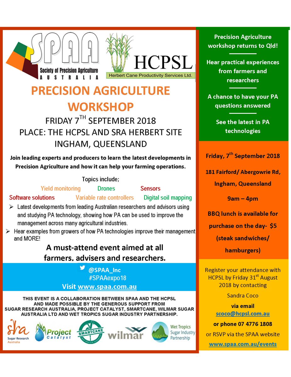 SPAA_Inc's tweet photo. #SPAA heads 2 Ingham on Fri 7th Sept! Join us with #HCPSL as we put #PA on the agenda: 3 farmers share their experiences, 10 demos & industry updates & technical updates with sugar researcher Dr Rob Bramley & French co @DelairTech RSVP now @CANEGROWERS @sugarresearch @terrainNRM https://t.co/uH0Us0WhfF