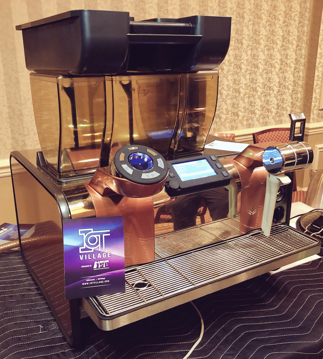 IoTvillage's tweet photo. After 5 hours of accessing the @Starbucks connected espresso machine in @IoTvillage we have 2 new bean types: @defcon bean and @thedarktangent bean

“the darkest tangent” coffee sounds good ☕️ 

Pwned by:
@DCaligo @DanielHeinen15 @jmaxxz @RandoTCustomer @ACTech66 https://t.co/9p35gHp3FE