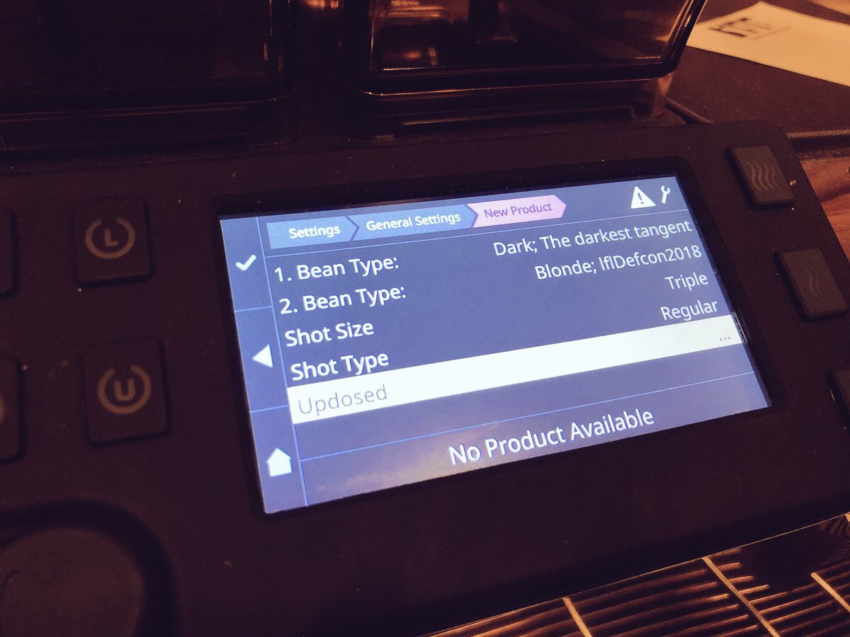 IoTvillage's tweet photo. After 5 hours of accessing the @Starbucks connected espresso machine in @IoTvillage we have 2 new bean types: @defcon bean and @thedarktangent bean

“the darkest tangent” coffee sounds good ☕️ 

Pwned by:
@DCaligo @DanielHeinen15 @jmaxxz @RandoTCustomer @ACTech66 https://t.co/9p35gHp3FE