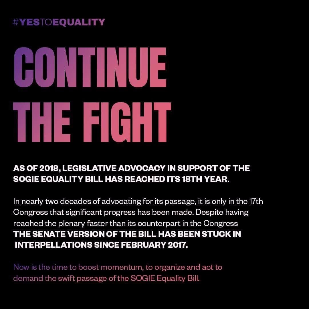 yestoequalityph's tweet photo. The SOGIE Equality Bill has been stuck in Senate debates for 607 days.

Each day it is delayed LGBTQIA+ people are denied jobs, healthcare, education, &amp; other private &amp; public services because of their SOGIE.

Dear Senators, #EndTheDebate.
Say #YesToEquality.
PASS THE #SOGIEbill. https://t.co/eN8gSmUOZS
