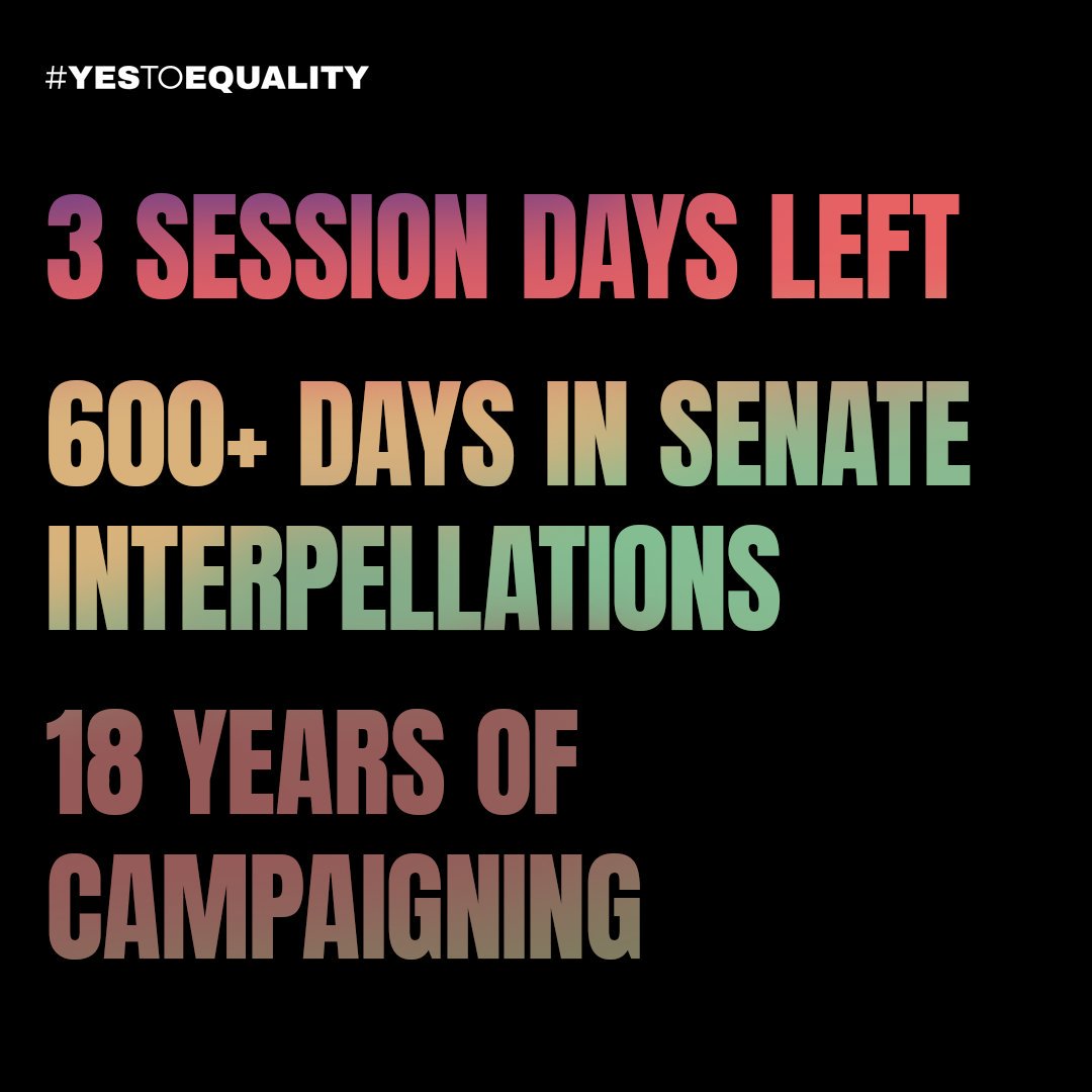 yestoequalityph's tweet photo. The SOGIE Equality Bill has been stuck in Senate debates for 607 days.

Each day it is delayed LGBTQIA+ people are denied jobs, healthcare, education, &amp; other private &amp; public services because of their SOGIE.

Dear Senators, #EndTheDebate.
Say #YesToEquality.
PASS THE #SOGIEbill. https://t.co/eN8gSmUOZS