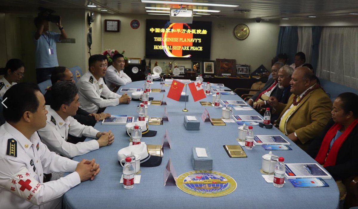 stephendziedzic's tweet photo. The Chinese hospital ship Peace Ark is in Tonga. Infrastructure Minister Semisi Kioa Lafu Sika and other dignitaries were choppered aboard for a tour. As @mcgregorrichard has observed, it's an impressive display of soft power (Pics from Tonga's Ministry of Infrastructure) https://t.co/kq1z4qIyMc