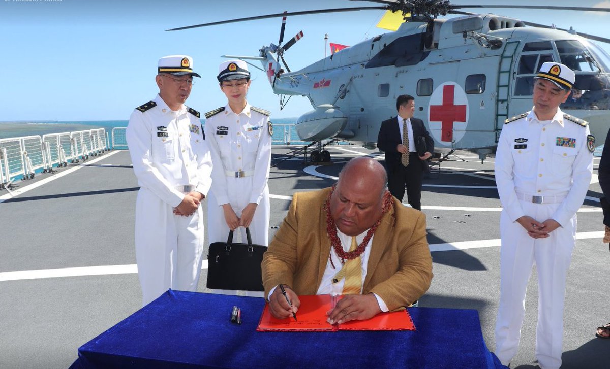 stephendziedzic's tweet photo. The Chinese hospital ship Peace Ark is in Tonga. Infrastructure Minister Semisi Kioa Lafu Sika and other dignitaries were choppered aboard for a tour. As @mcgregorrichard has observed, it's an impressive display of soft power (Pics from Tonga's Ministry of Infrastructure) https://t.co/kq1z4qIyMc