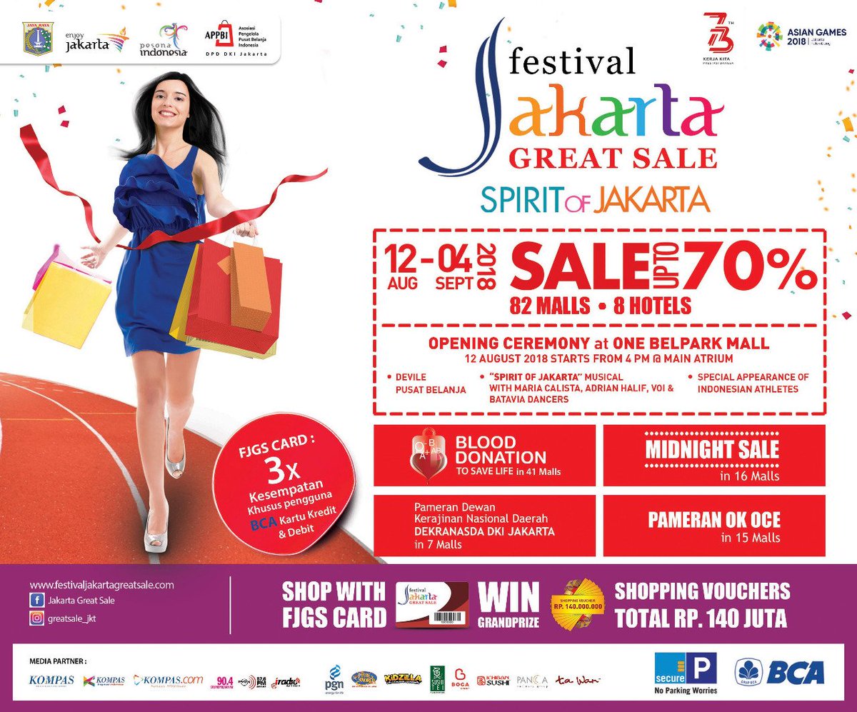 PejatenMall's tweet photo. Semarakkan Semangatmu dalam Festival Jakarta Great Sale!

Nikmati diskon hingga 70% untuk barang-barang pilihanmu, periode 12 Agustus hingga 4 September 2018.
Jangan lewati juga aksi sosial, Donor Darah, yang akan diadakan di Pejaten Village, pada 24 Agustus 2018. https://t.co/aZ5gYXPgUE