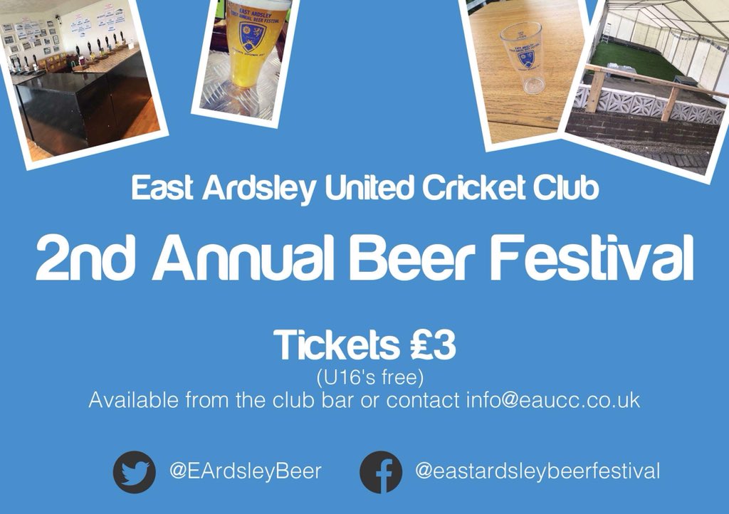EArdsleyBeer's tweet photo. Only 6 weeks to go make sure you get your tickets now! Tickets are only £3 (under 16s free) which gets you weekend entry to enjoy beers, gin and the live music as well a commemorative glass. Tickets are available from the club every Saturday after 2pm or @BradfordRdCOOP 🏏🍺🍸 https://t.co/QGN22H38s4