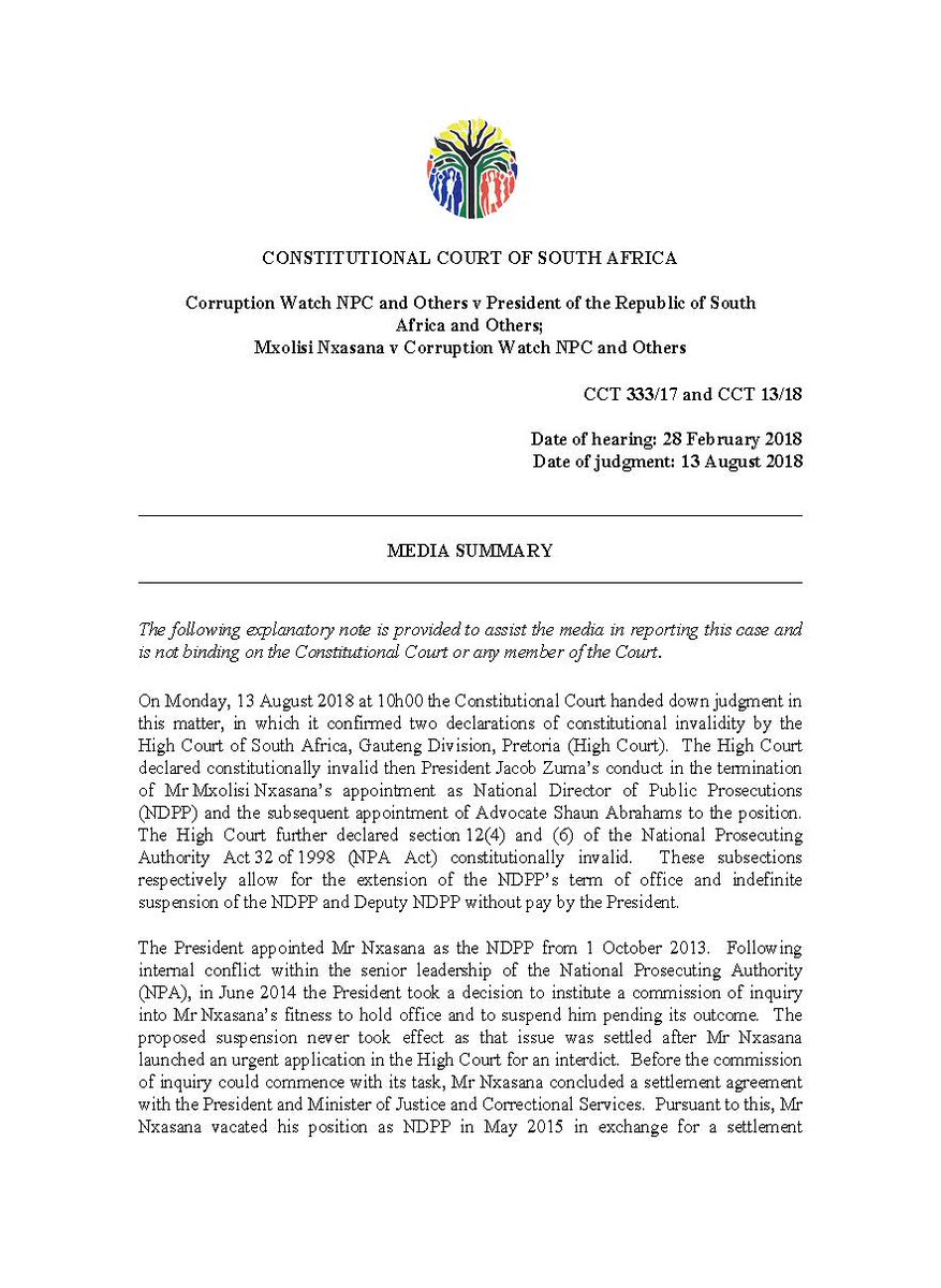 ConCourtSA's tweet photo. Judgment: The removal of Mr Nxasana and appointment of Adv Abrahams are constitutionally invalid.  Subsections 12(4) and 12(6) of the NPA Act are declared unconstitutional. (Corruption Watch v President of RSA) https://t.co/2dAnUJugkD
