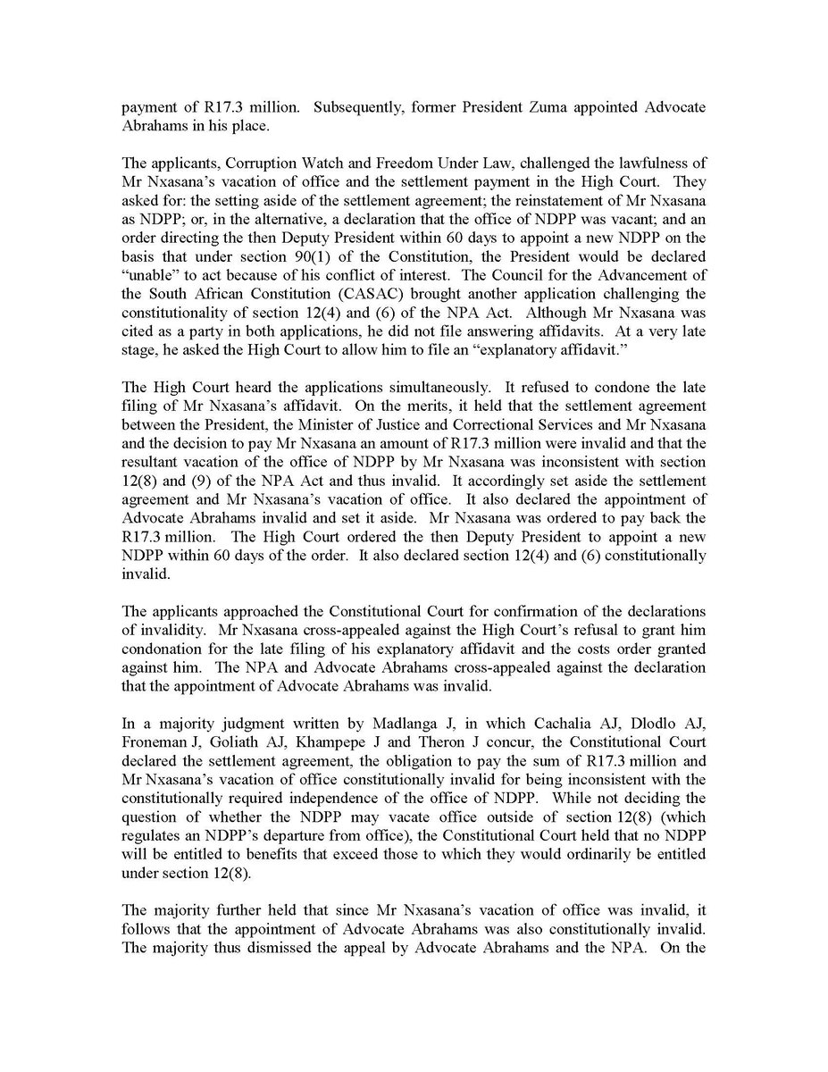 ConCourtSA's tweet photo. Judgment: The removal of Mr Nxasana and appointment of Adv Abrahams are constitutionally invalid.  Subsections 12(4) and 12(6) of the NPA Act are declared unconstitutional. (Corruption Watch v President of RSA) https://t.co/2dAnUJugkD