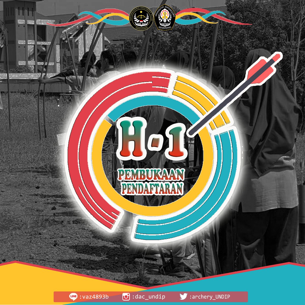 [H-1 OPEN RECRUITMENT]

Hello Archers!!! 

Duhh udah H-1 oprec nihh!! Siapa yang udah nunggu2 kita?!
Siapkah kalian untuk bergabung menjadi anggota panahan Universitas Diponegoro?😊😊
Tunggu oprec kami besok 😊 jangan sampai terlewatkan 😊😊

#Go!Go! Release!
UKM Panahan 
Undip