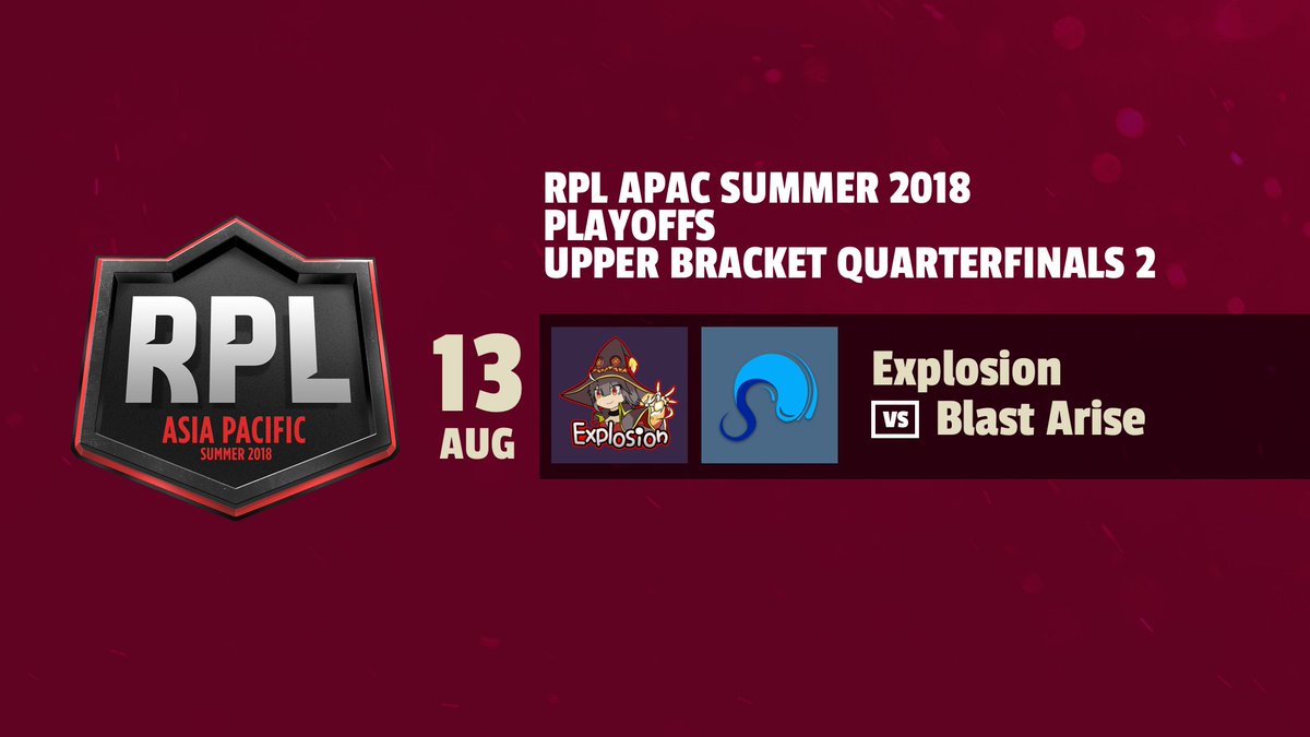 RPL APAC Summer 2018 - Playoffs

Explosions vs Blast Arise 
21:30 SGT

Streams:
twitch.tv/royalepremierl… (EN)
<a href="/GamingKelevra/">K Ξ l Ξ V Г Λ Gaming</a> (RU)

<a href="/RPLgg/">RPL</a> <a href="/RPL_es/">RPL ES</a> <a href="/ClashRoyale/">Clash Royale</a>