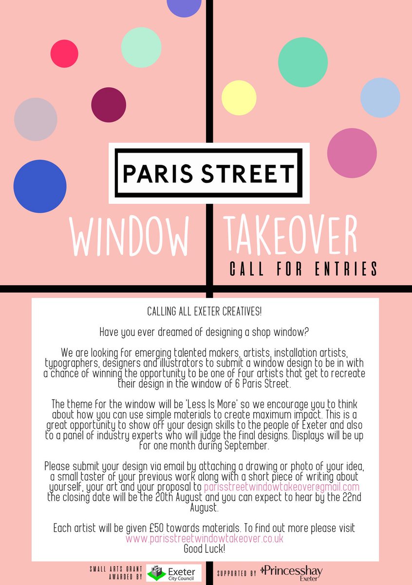 charlotte_froud's tweet photo. There is exactly one week left to enter your design for the #parisstreetwindowtakeover! @tweetinexeter @visitexeter @Princesshay @ExeterCouncil #inexeter #exeter #exeterliving #exeterevents #creativeexeter #exetercreatives #visitexeter #whatsonexeter https://t.co/9J0U0gnch4