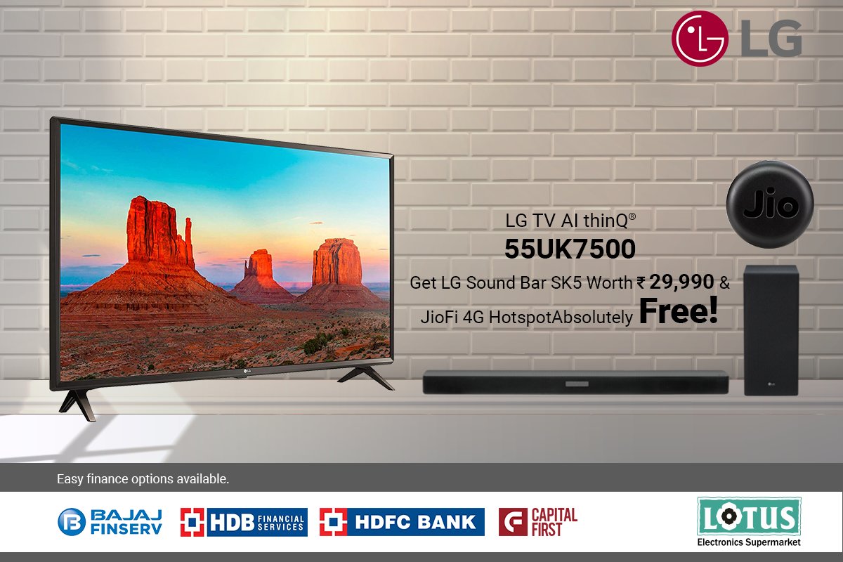 LotusElec's tweet photo. #LGTVAIThinQ 55UK7500, Buy now from your nearest #LotusElectronics store and get #LGSoundBar SK5 worth Rs 29,990 &amp; #Jio4GHotspot absolutely Free!

Download the Lotus App Now

#LatestNanoCellTechnology #Indore #Bhopal #Raipur #Bilaspur #Ujjain #Nagpur #ThinkElectronics #ThinkLotus https://t.co/u6m9CfNJWm