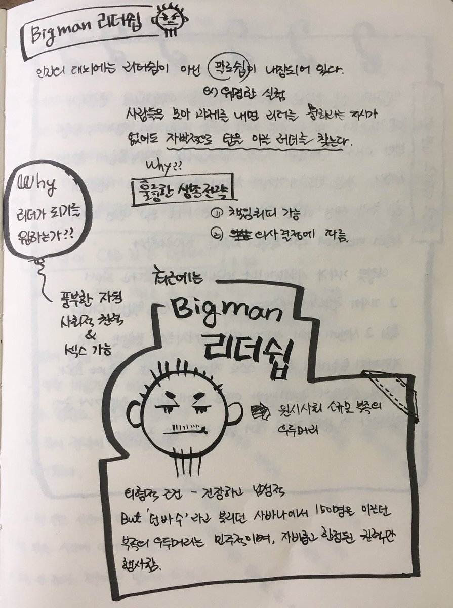 최근에는 빅맨리더쉽(Bigman)이 유행하고 있다. 백맨이란 소규모 부족의 우두머리로 건강하고 남성적이 외모를 가지고 있다. 하지만 ‘던바수’라고 불리던 사바나 한 부족의 우두머리는 외모와는 다르게 민주적이며, 자비롭고 한정된 권력을 행사했다고 한다.
