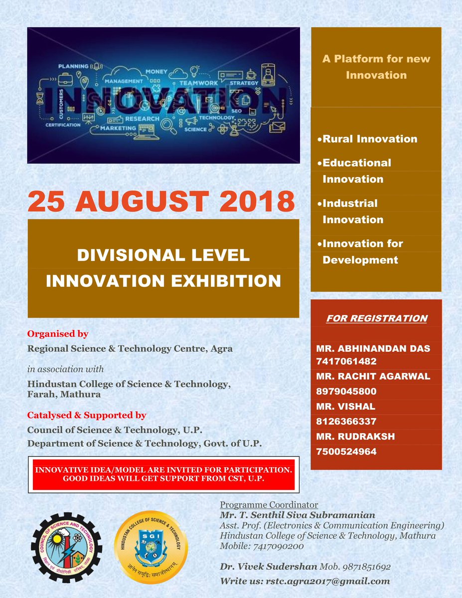 TSenthilSivaSu2's tweet photo. Divisional Level Innovation students Exhibition@@SGIAgra Hindustan College of Science and Technology Mathura on August 25th, 2018. Invited and welcome students project models. https://t.co/byTuFcwZe8