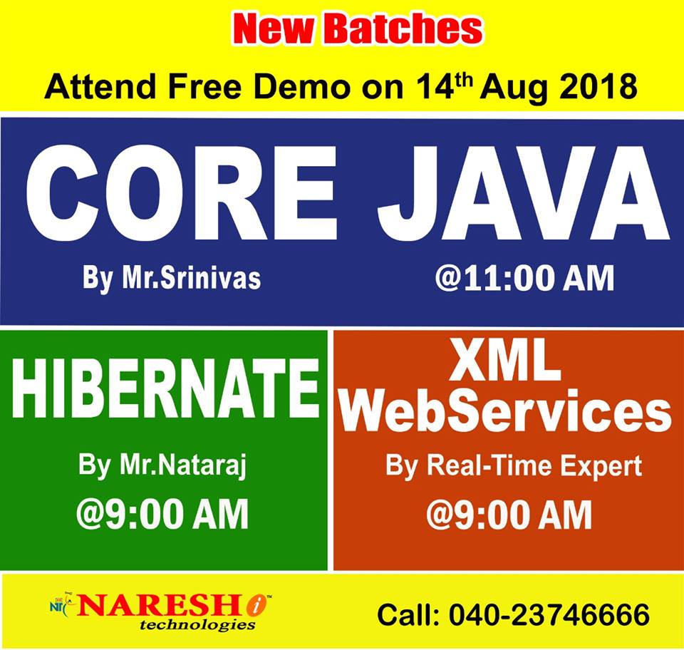 nareshitech's tweet image. Attend New Batches by Real-Time Experts from 14th Aug
Visit Our Website: nareshit.in
#CoreJavaTraining #HibernateTraining #XMLWebServicesTraining
