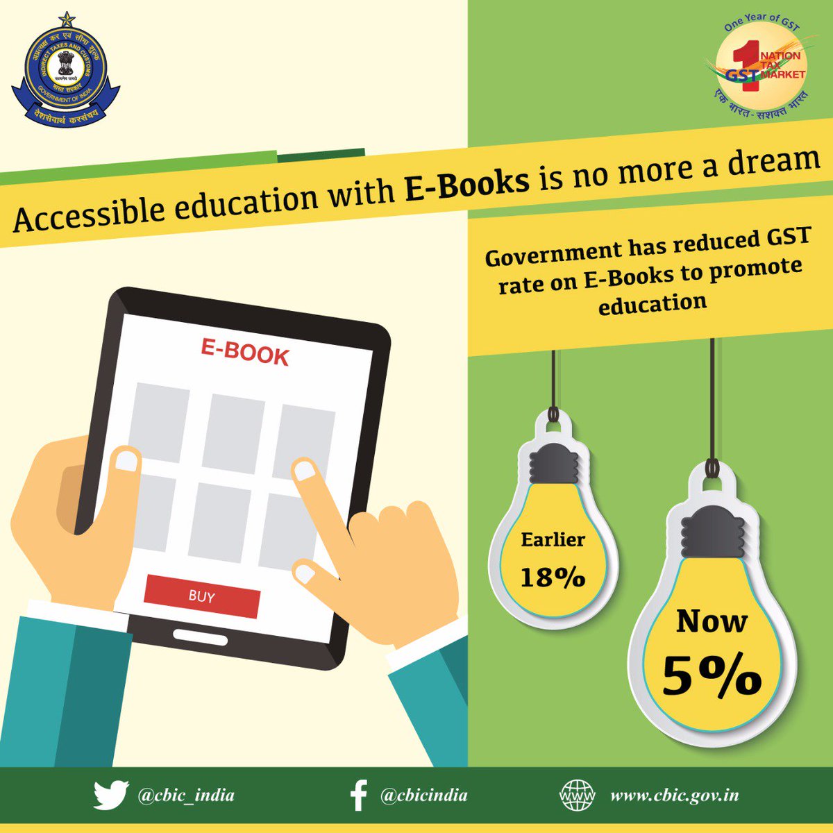 CBIC (@cbic_india) on Twitter photo Accessible education with E-Books is no more a Dream.
E-Books GST Rates reduced from 18% to 5%.
<a href="/FinMinIndia/">Ministry of Finance</a> <a href="/MIB_India/">Ministry of Information and Broadcasting</a> <a href="/DDNational/">Doordarshan National दूरदर्शन नेशनल</a> <a href="/PIB_India/">PIB India</a> <a href="/gstindia/">GST Systems</a> <a href="/askGSTech/">gst</a> <a href="/askGST_GoI/">GST@GoI</a> @EODB_India Accessible education with E-Books is no more a Dream.
E-Books GST Rates reduced from 18% to 5%.
<a href="/FinMinIndia/">Ministry of Finance</a> <a href="/MIB_India/">Ministry of Information and Broadcasting</a> <a href="/DDNational/">Doordarshan National दूरदर्शन नेशनल</a> <a href="/PIB_India/">PIB India</a> <a href="/gstindia/">GST Systems</a> <a href="/askGSTech/">gst</a> <a href="/askGST_GoI/">GST@GoI</a> @EODB_India