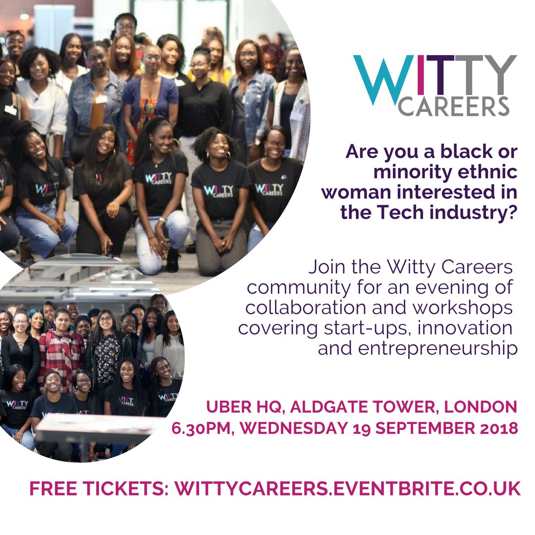 wittycareers's tweet photo. Calling all Black &amp; Minority Ethnic women interested in #startups #innovation and #entrepreneurship 📢📢
We are back again with another event! This time we’re having an evening of interactive workshops &amp; collaboration at Uber HQ in London. Link to tickets: https://t.co/xusIV6vXNi https://t.co/4wQdTYN3TS