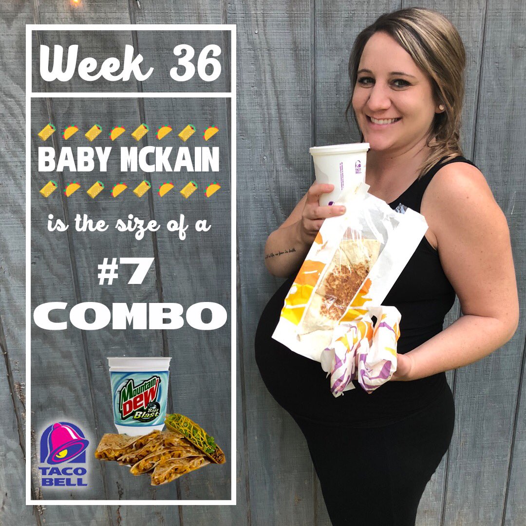 kelseymcmullen's tweet photo. Week 36 and baby girl is the size of a @tacobell #7 combo!!

#tacobell #combo #pregnant #pregnancy #maternity #3rdtrimester #thirdtrimester #dueinseptember #36weekspregnant #septemberbaby #babygirl https://t.co/h8XqVy03N4