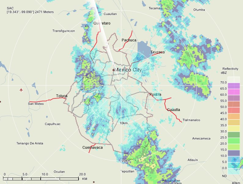 La imagen del radar detecta lluvia ligera sobre las delegaciones Miguel Hidalgo, Benito Juárez, Álvaro Obregón, Magdalena Contreras, Coyoacán, Tlalpan y Xochimilco.