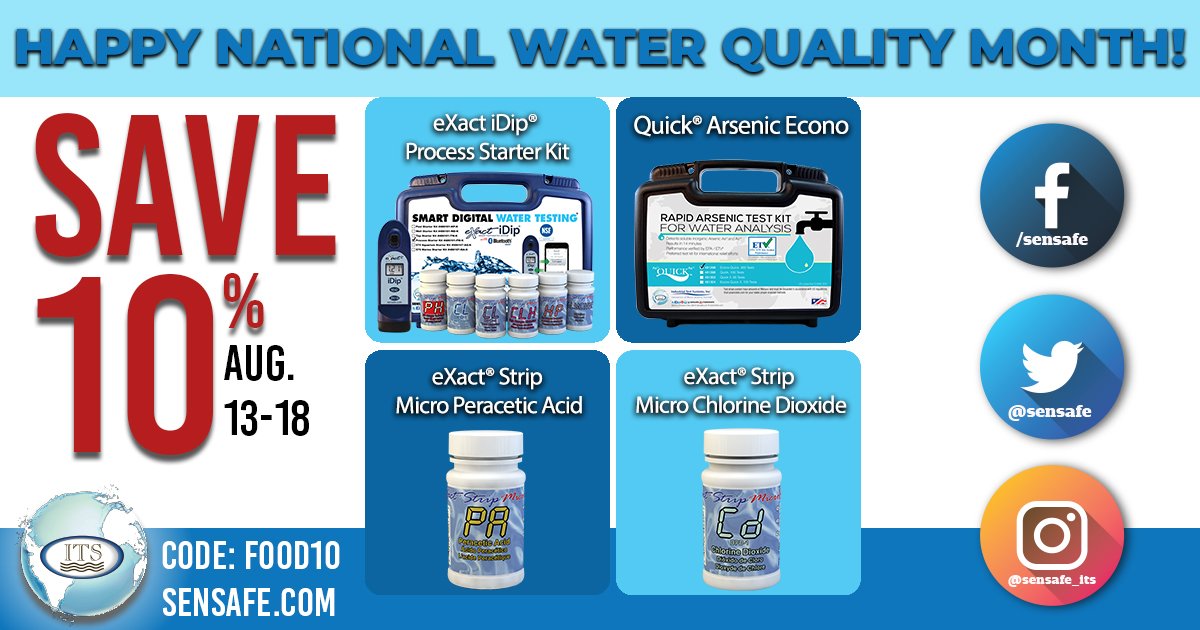 sensafe's tweet image. ITS WATER QUALITY MONTH OF SAVINGS WEEK 2! This week use offer code (FOOD10) to save 10% on the our Food and Beverage water testing products such as the eXact iDip Process Starter Kit, Quick Arsenic Econo Test Kit, and more! #ITS #Sensafe #waterquality #watertesting #foodandbev