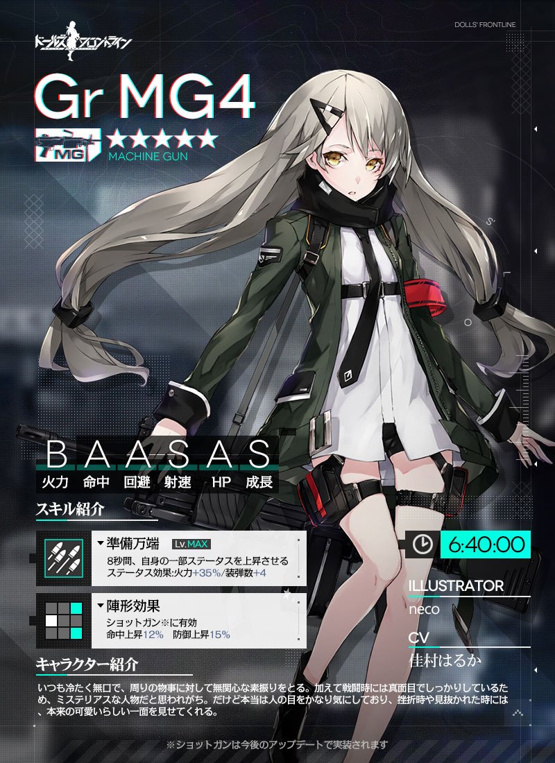 ドールズフロントライン公式 Twitterissa 新人形紹介 今日ご紹介するのは 5レアリティでマシンガンの Gr Mg4 です 冷淡な素振りとは裏腹に 本当は周囲の目をかなり気にしている 可愛い女の子なんですよ 詳しくは下図をご覧くださいね 8月17日