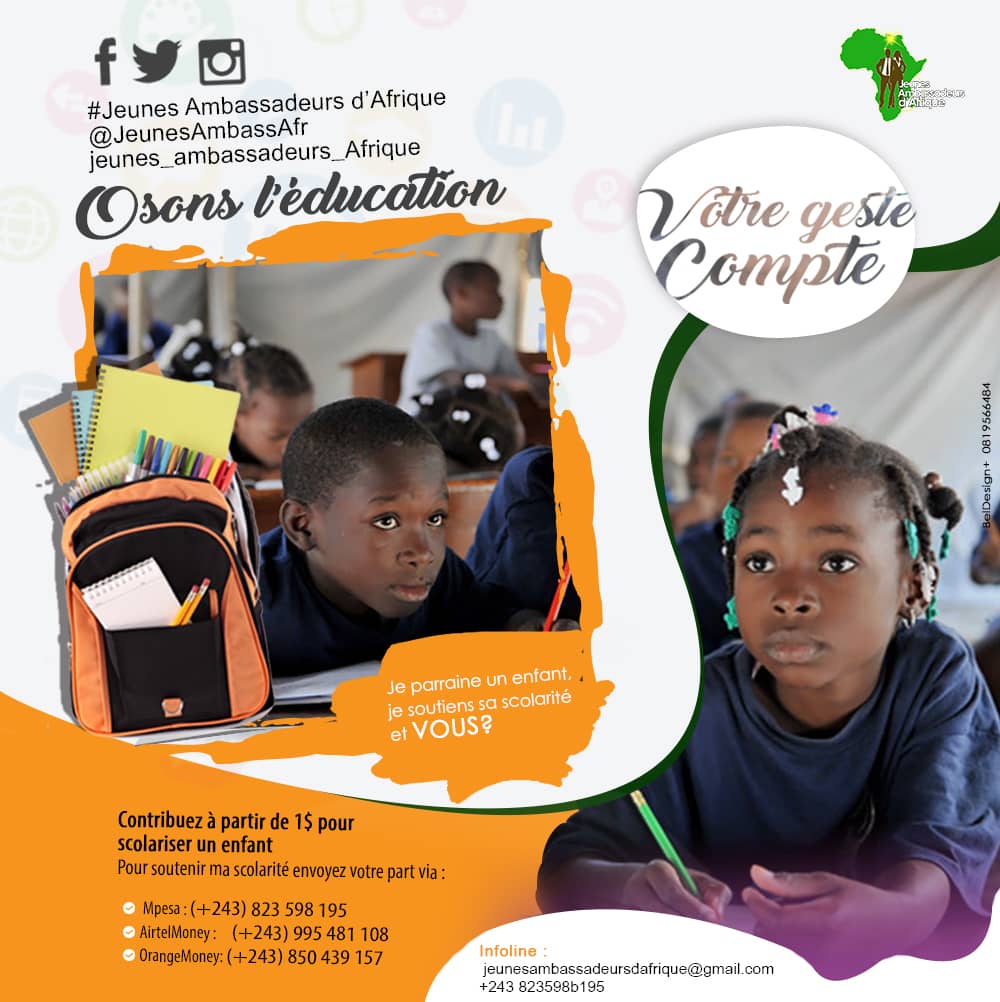 JeunesAmbassAfr's tweet photo. Rejoignez la dynamique, rendons possible l'impossible.

Scolarisons des enfants

*#Osons_L_Education_2018*
*#Votre_geste_compte*
*#JAA* https://t.co/l1fmJnxTl8