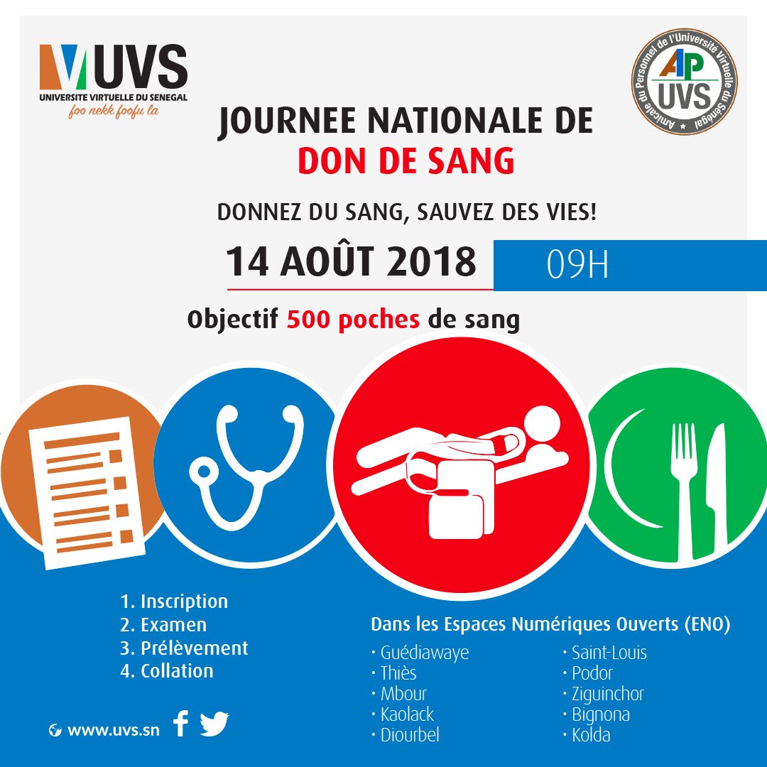 unchk_sn's tweet photo. L'@UVS_Senegal organise une journée nationale de don sang à travers son réseau d'Espaces Numériques Ouverts (ENO), le 14 août 2018 à partir de 09 heures. 
Remplir le formulaire d'inscription sur ce lien : https://t.co/aATzGrI5qp 
#Kebetu #UVS  #GiveBloodChallenge #SunuDonDeSang https://t.co/JZ90jMNPMy
