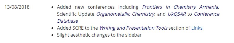 SuperScienceGrl's tweet photo. Website updated! As well as new conferences in the conference database, I've added a link to the fantastic tool @SCRE_chem, which makes reporting your characterization data simple. 

https://t.co/wGsAkXnmzJ https://t.co/wMBlQ2zdqS