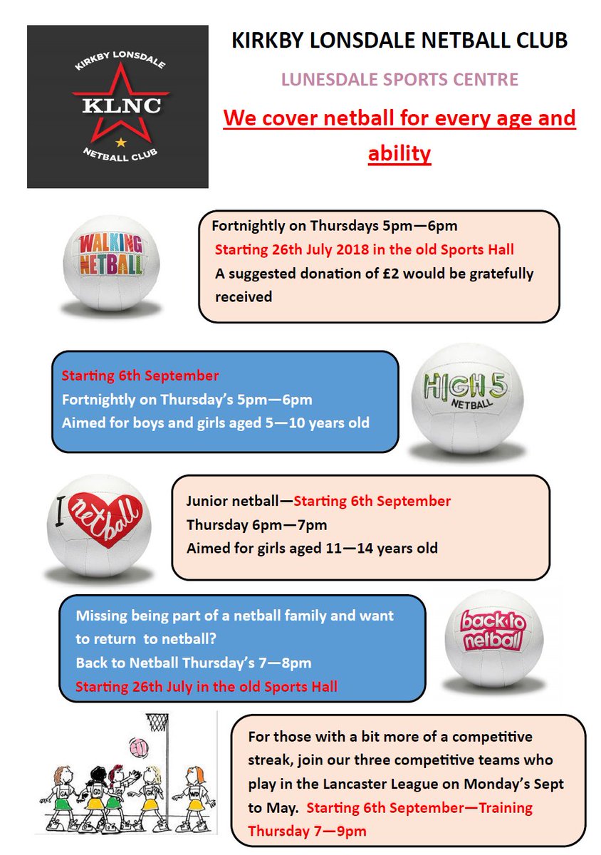 EN_NetballLancs's tweet photo. So much on offer launching this September with Kirkby Lonsdale Netball Club!!!
Launching 6th September at the awesome new indoor facility - Lunesdale Sports Centre, QES Kirkby Lonsdale.
#walkingnetball #iheartnetball #high5netball #backtonetball #adultnetball #netballclub https://t.co/JlMoT2RVF0