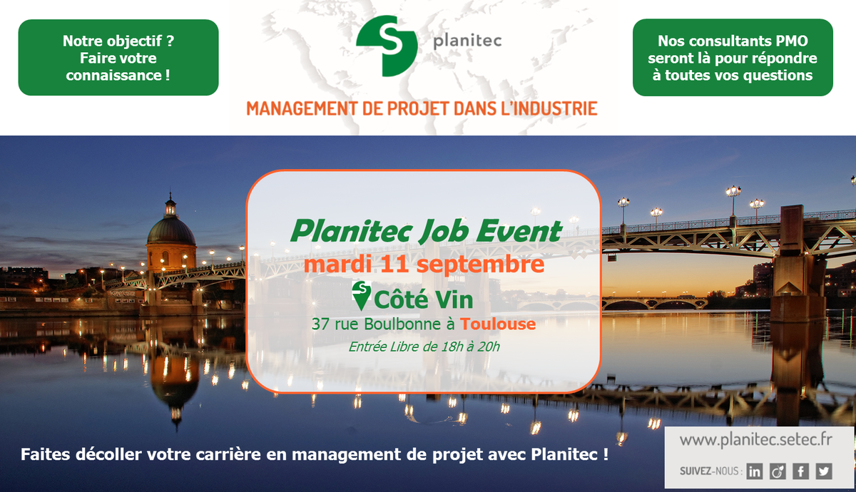 setec_eocen's tweet photo. A vos agendas ! Venez à la rencontre de nos équipes toulousaines le 11 septembre pour parler métier et perspectives... #afterwork #événement #toulouse #aéronautique #industrie #projectmanagement #pmo #joinplanitec #planitec https://t.co/L6FIZ5cG4x