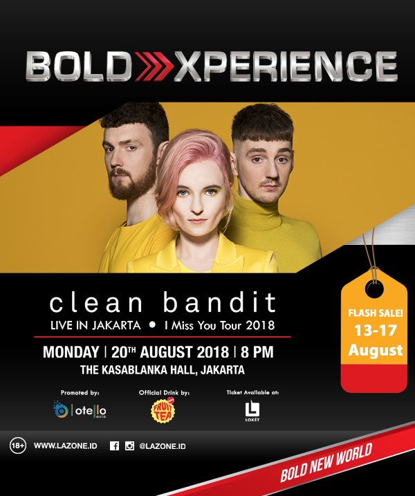 loketcom's tweet photo. FLASH SALE! Get 30% OFF Clean Bandit tickets only on 13th - 17th August 2018!
It's limited offer! Get yours now at https://t.co/MZLRim8mR7 #CleanBanditJkt #CleanBanditConcert https://t.co/hgRR56jKfj