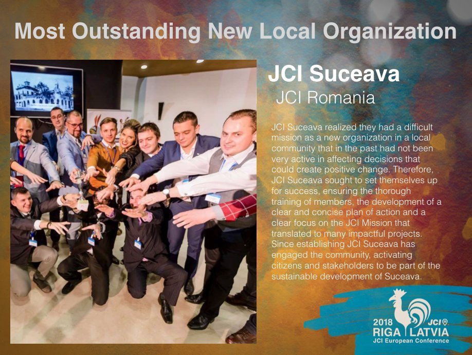 JCIEurope's tweet photo. #JCIAwards: Our Most Outstanding New Organization in Europe 2018 is @JCI_Suceava from Romania who proved that by the development of a concise plan of action and a clear focus on the #JCI mission many impactful projects can be achieved!
#ActiveCitizens #PositiveChange #JCIRomania https://t.co/vbfEG7fJ4Y