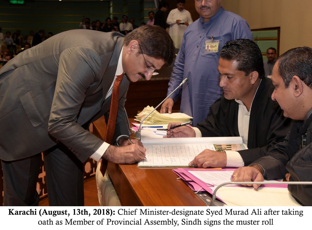 FahimAhmed43's tweet photo. #Karachi (August, 13th, 2018): Chief Minister-designate @MuradAliShahPPP after taking oath as Member of Provincial Assembly, Sindh signs the muster roll.
@AAliZardari @BBhuttoZardari @AseefaBZ @BakhtawarBZ @RasheedChanna1 @SMuradShahTeam https://t.co/vzS07qN8Ut